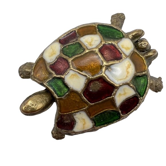 Vintage Brass Turtle Trinket Box Colorful Enamel Mosaic Shell Cottagecore Boho - Picture 9 of 12